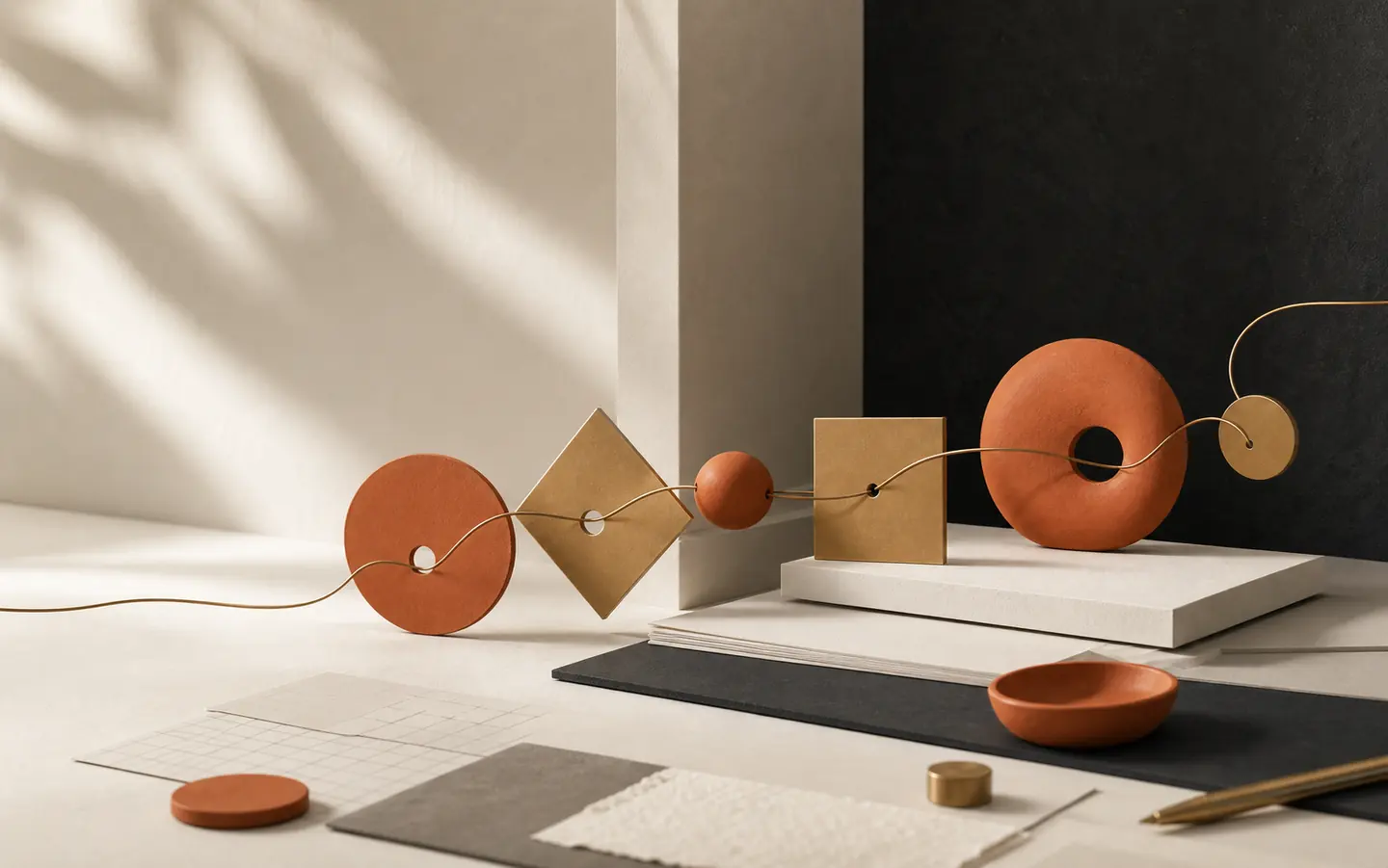 Composição editorial com formas conectadas em terracota, dourado e carvão