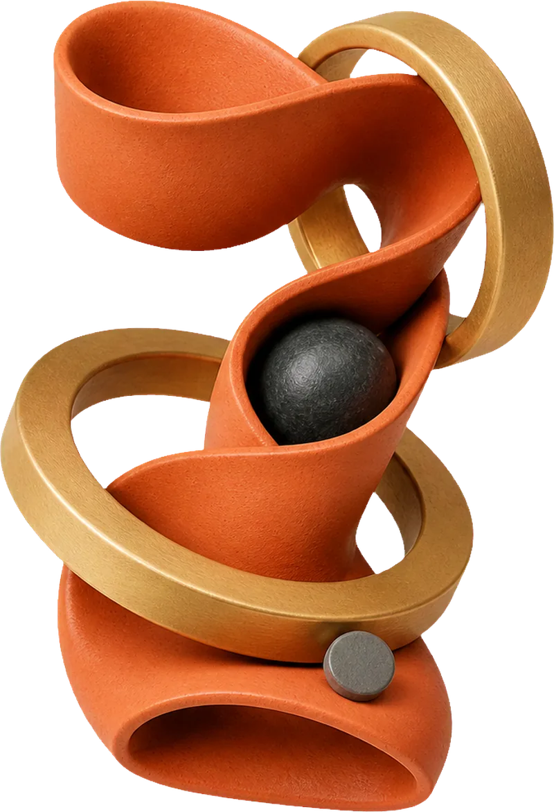 Escultura abstrata conectando formas em terracota, dourado e carvão